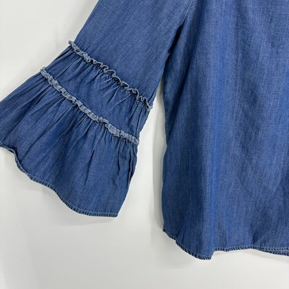 3/$25 Express Chambray Embroidered Floral Rose Top S Bell Sleeve Blouse Blue Red - Picture 4 of 7